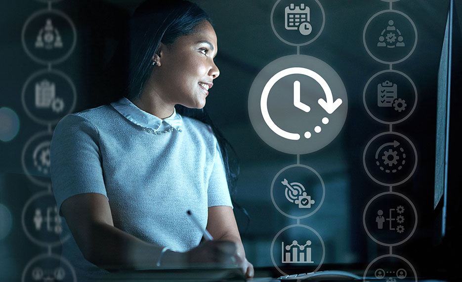 CompTIA Project+ with vouchers included promotional image of a young woman with an overlay with a clock icon