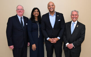 College President Cliff Coppersmith, Lt Gov Aruna Miller, Gov Wes Moore, College Board of Trustees Chairman Reza Jafari