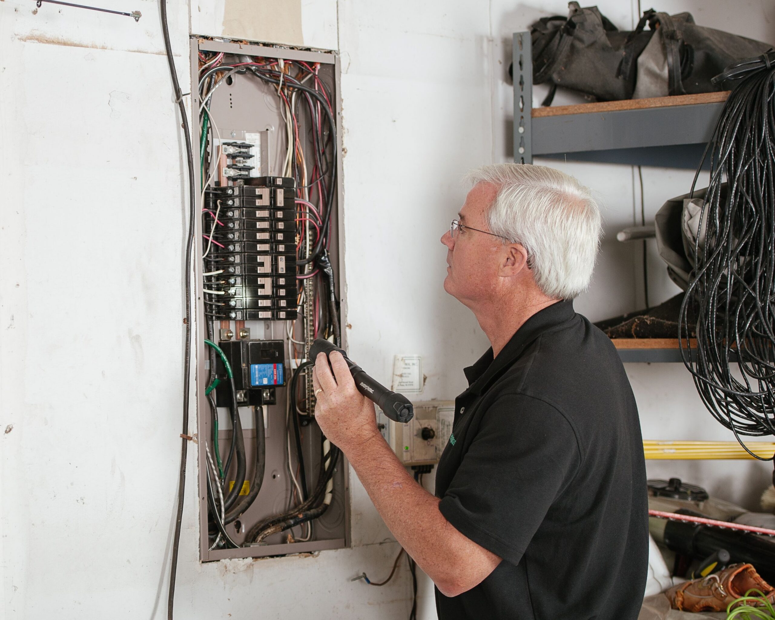 home inspector shining a flashlight at an electrical box