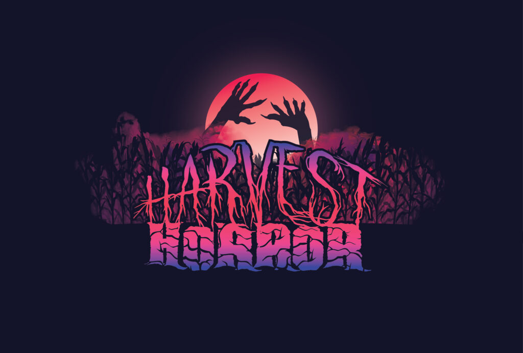 Harvest Horror: Nightmare logo of scary hands silhouetted in a pink moon
