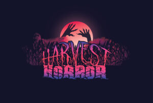 Harvest Horror: Nightmare logo of scary hands silhouetted in a pink moon